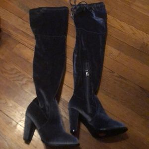 Blue velvet thigh high boots